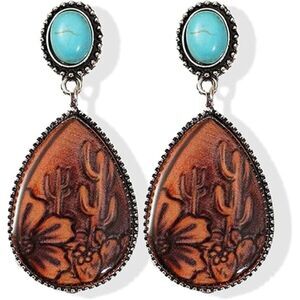 Western Earrings for Women Oval Silver Dangle Turquoise Jewelry Country Outfit